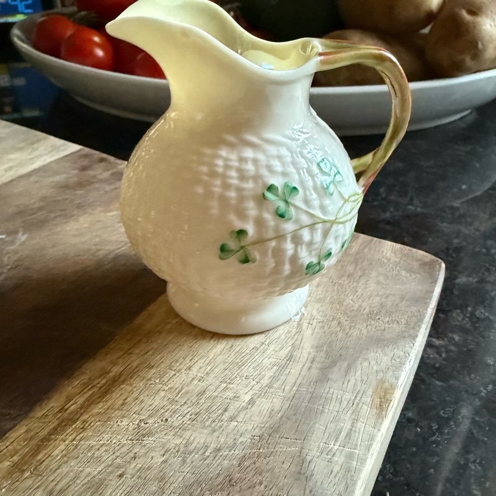 Vintage Irish Belleek Cream and Green Shamrock creamer and bowl